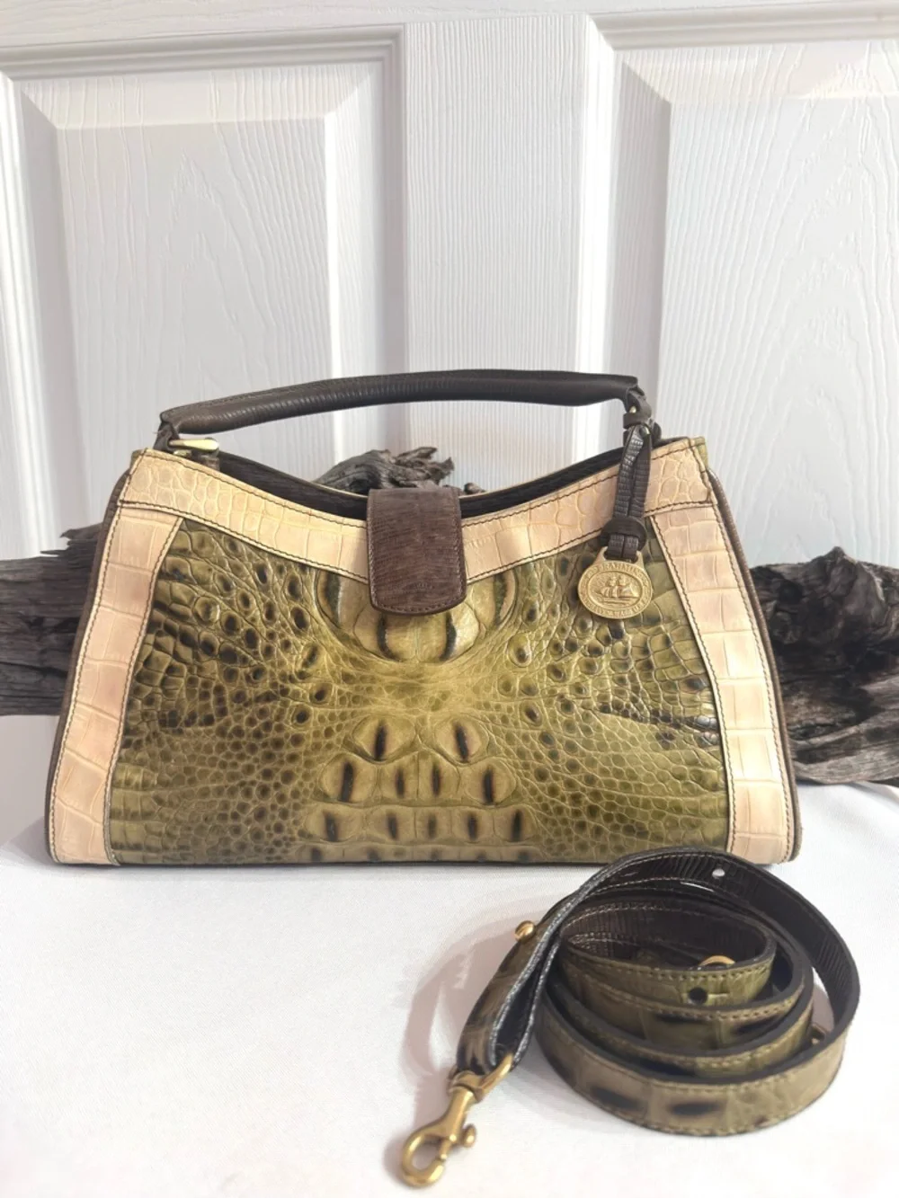 BRAHMIN ~ Rare Tri-Color Croc-Embossed Leather Satchel w/Crossbody Strap